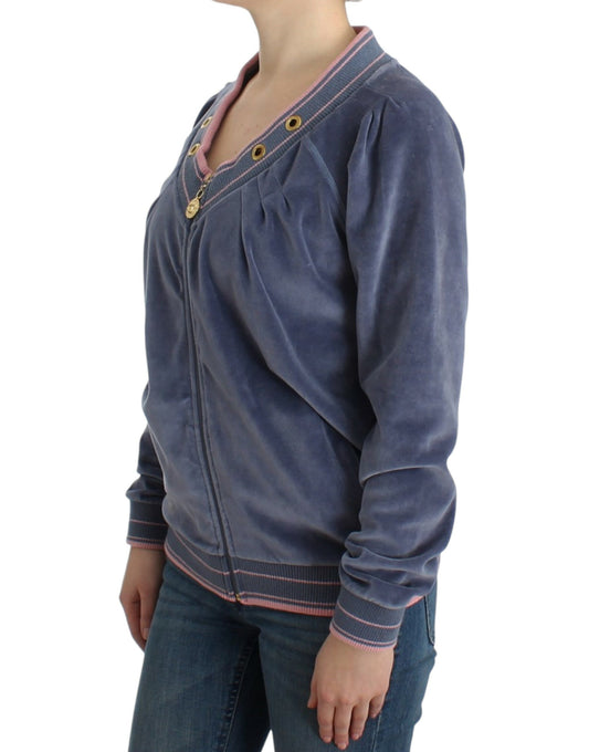 Woman wearing blue velvet jacket