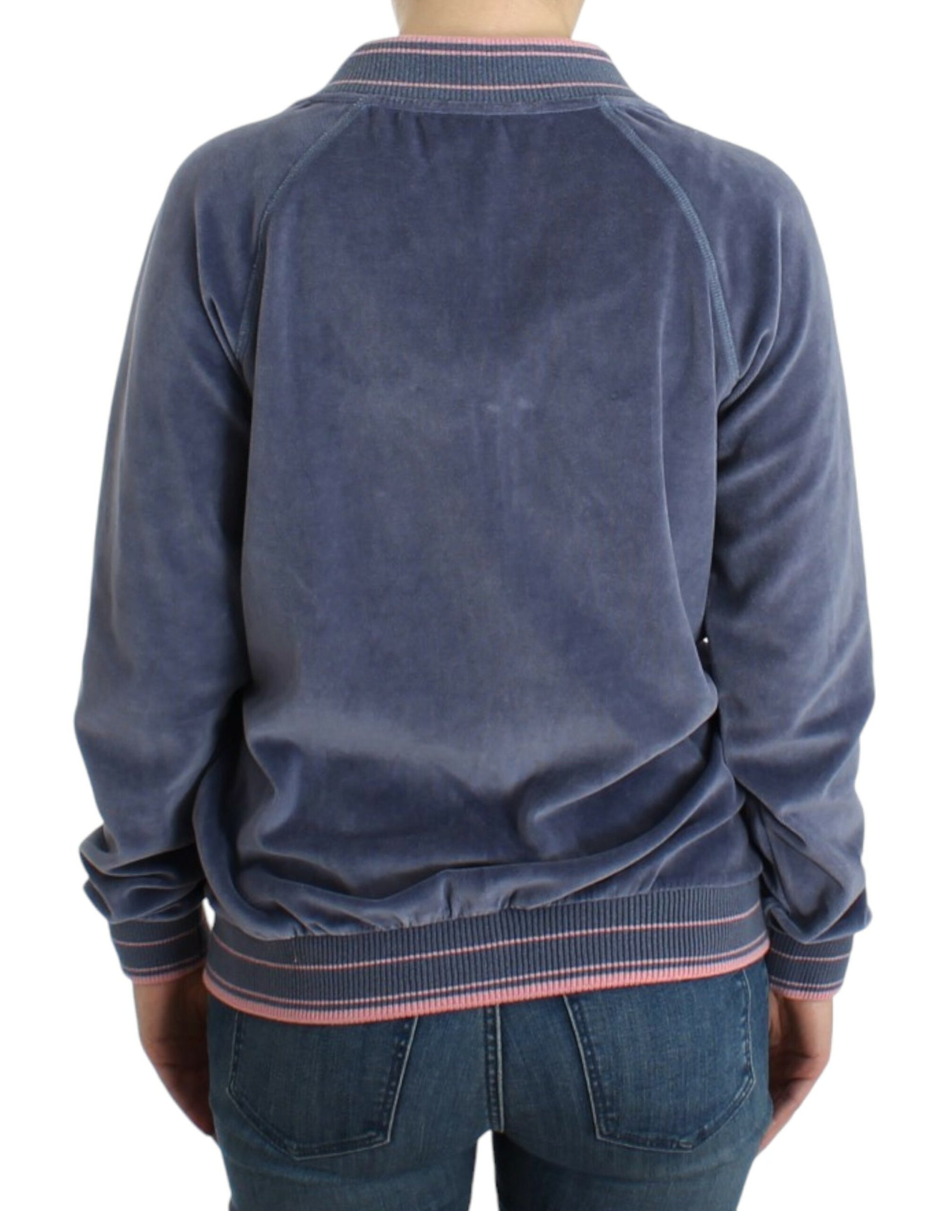 Blue velvet jacket with pink trim
