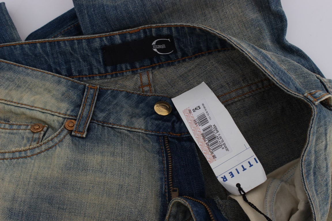 Blue denim jeans with tag on waistband