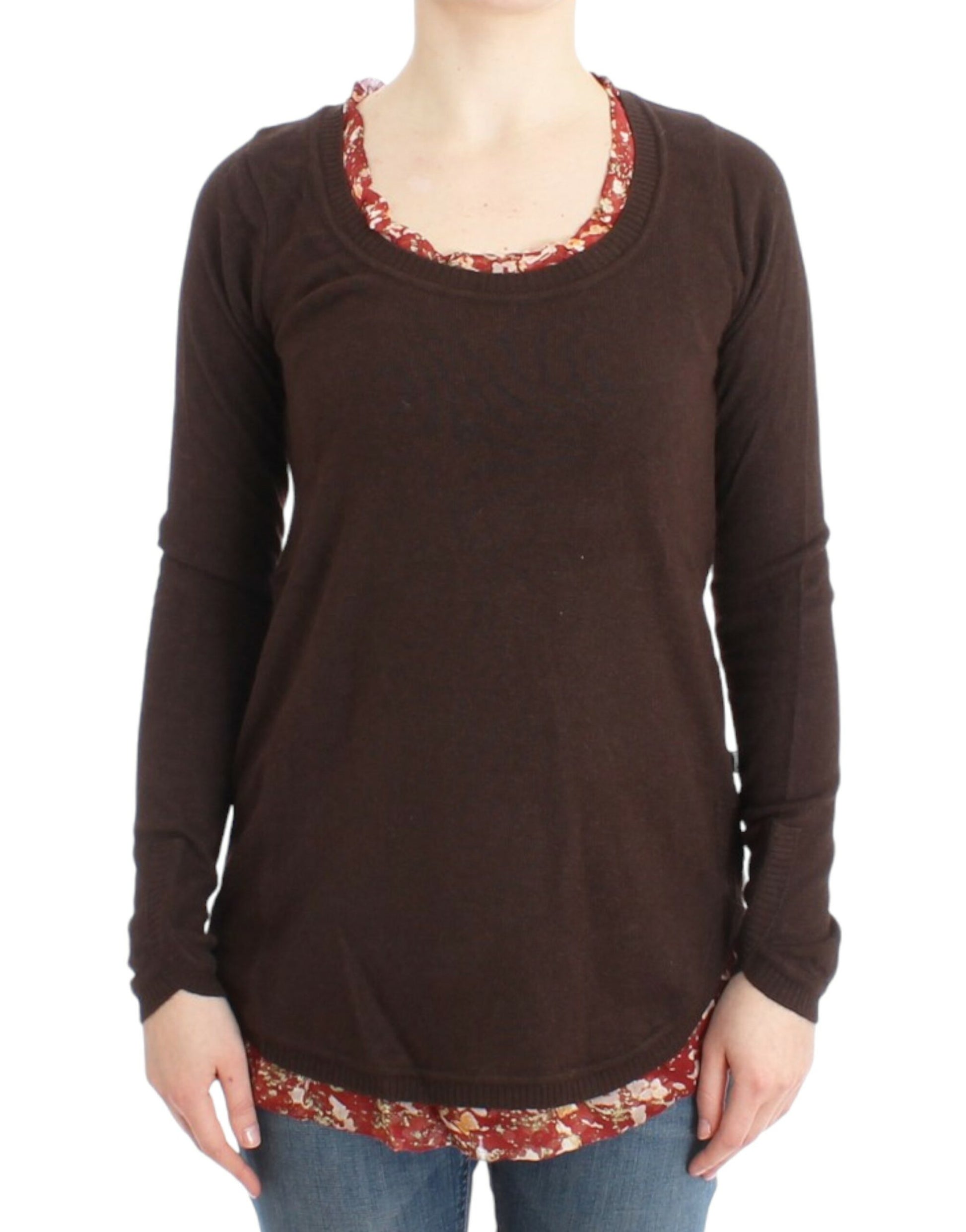 Long sleeve brown shirt with floral pattern on neckline