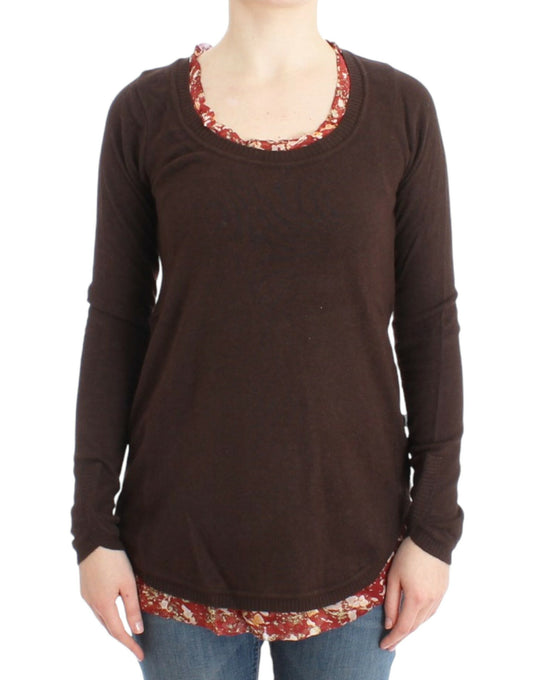 Long sleeve brown shirt with floral pattern on neckline