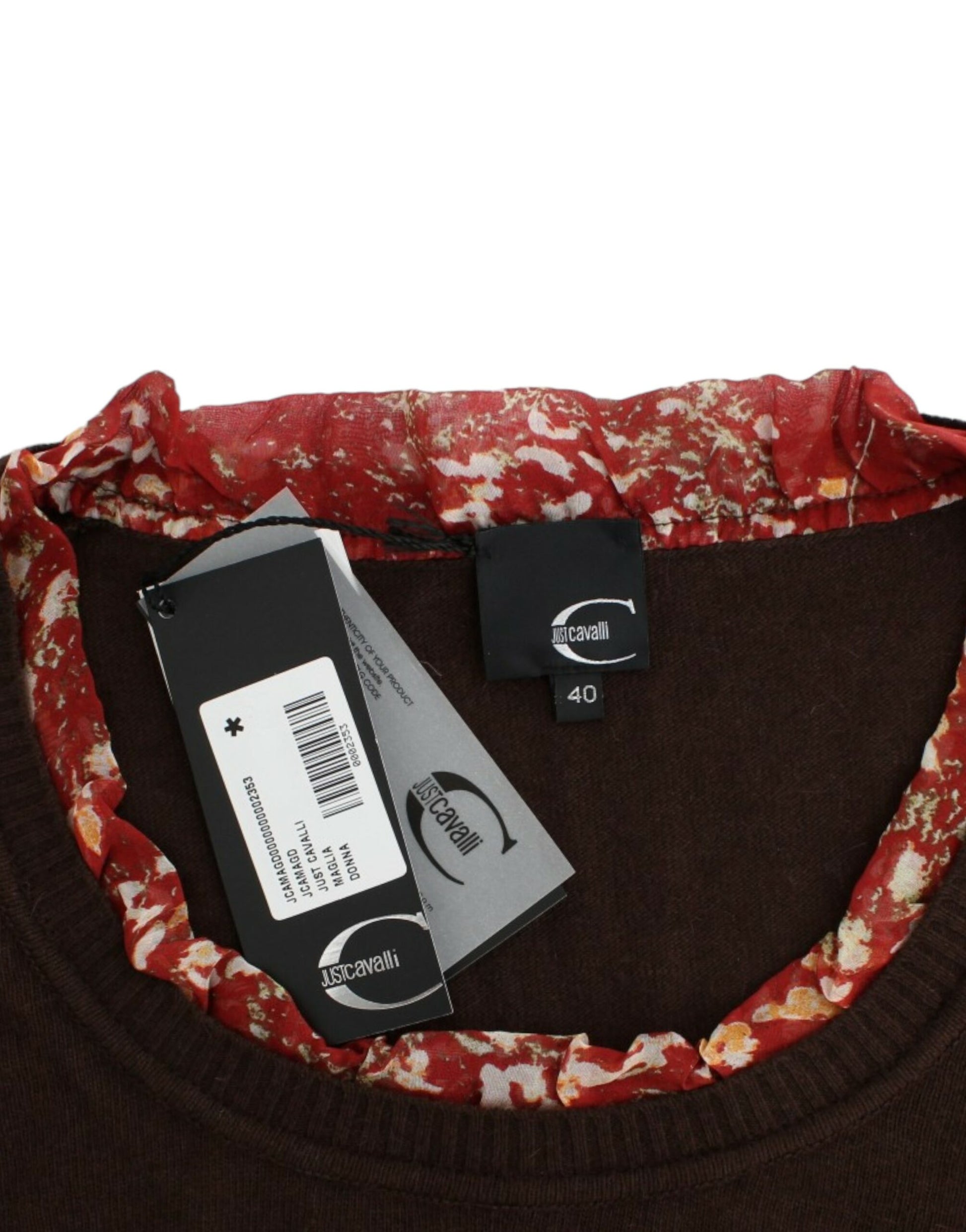 Brown sweater with red floral pattern on neckline