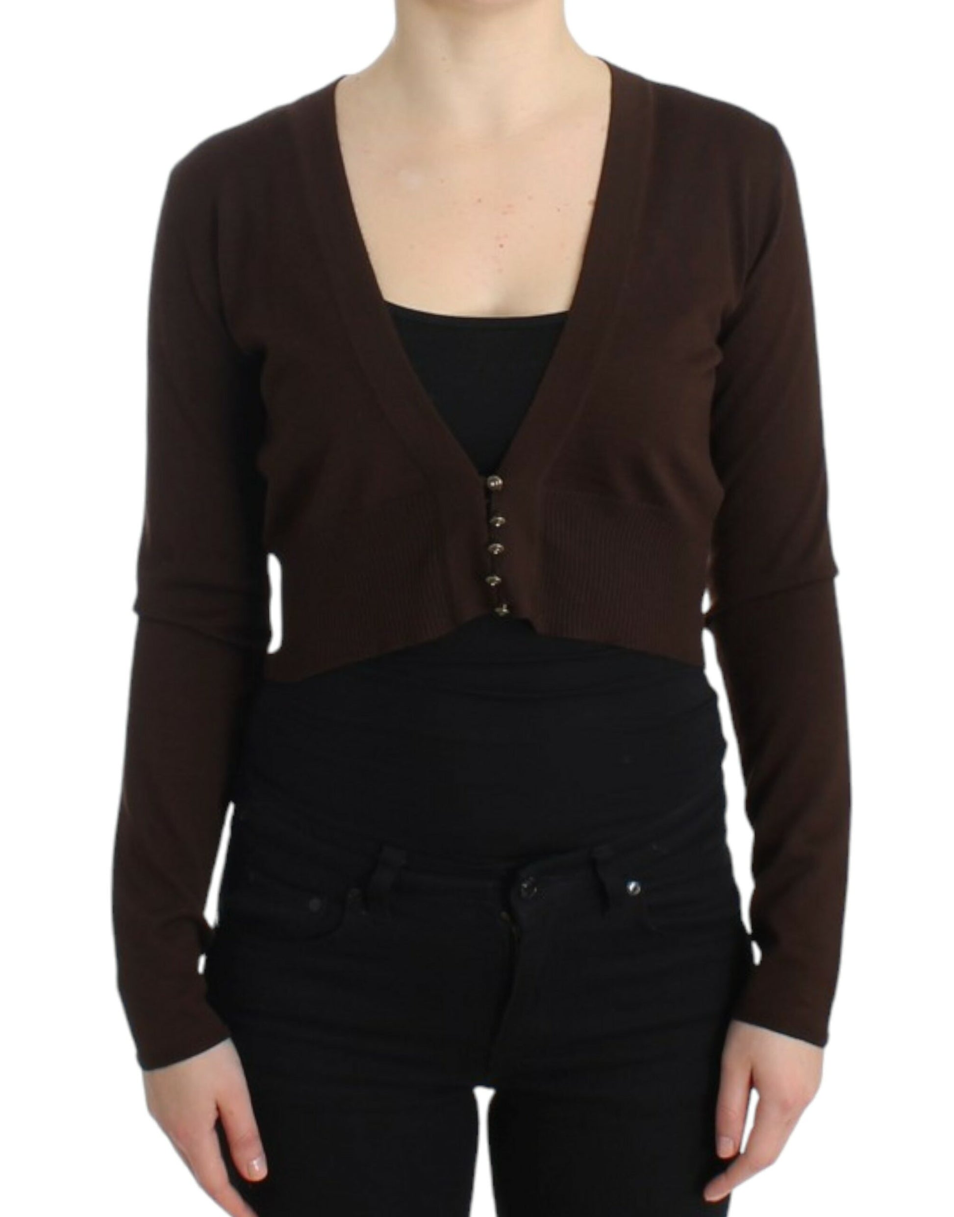 Brown cardigan with black undershirt worn by woman
