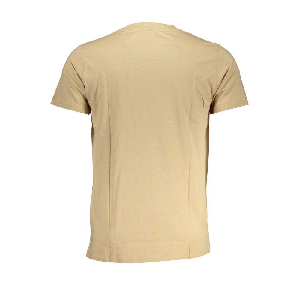 A beige cotton men's t-shirt with short sleeves and a crew neckline