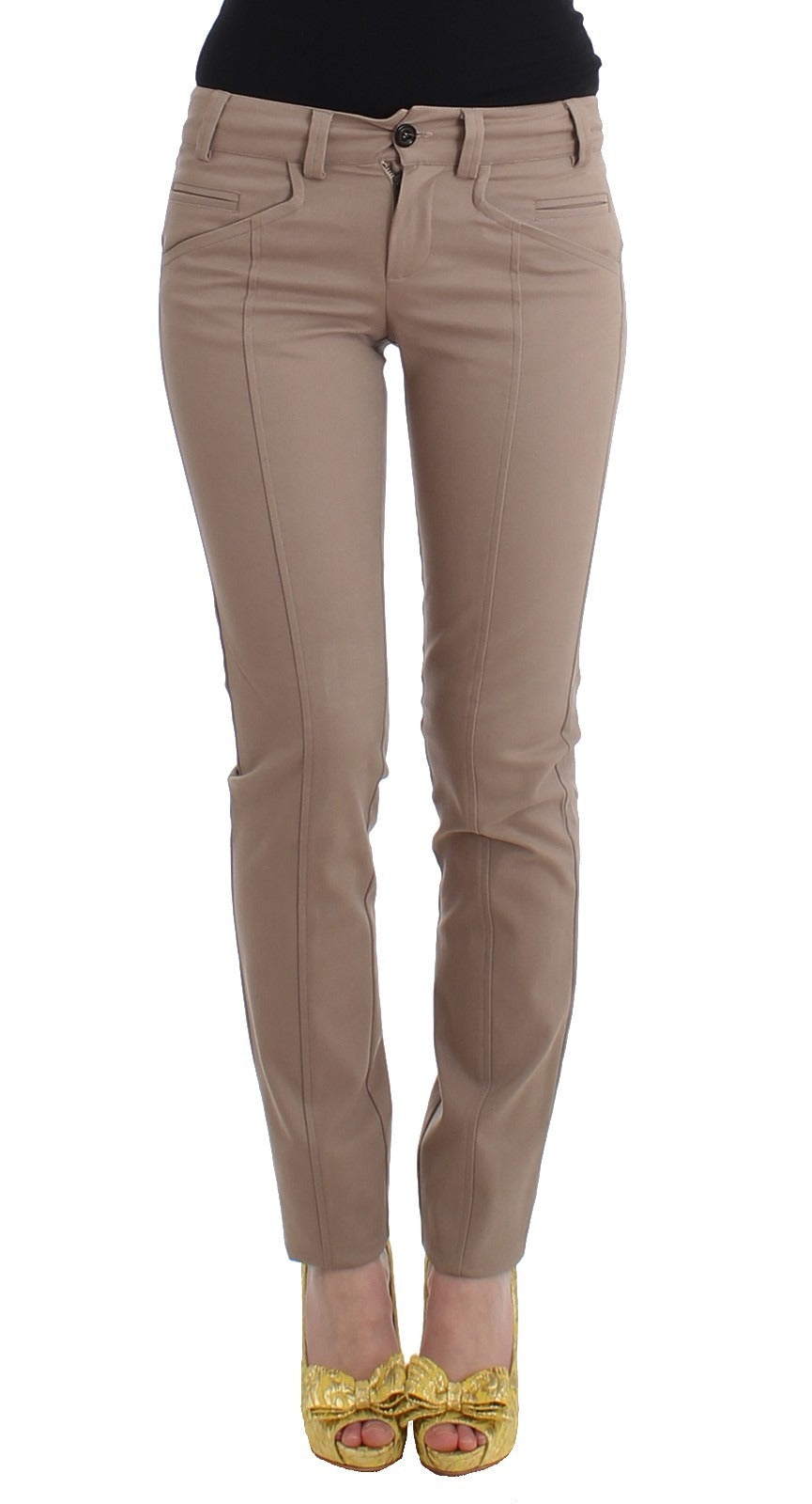 A pair of beige chino pants with a slim fit and straight leg