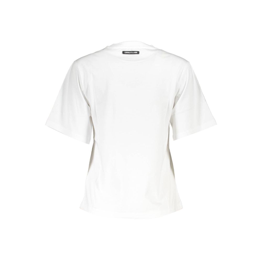 White women's t-shirt with short sleeves, crew neckline and tag on back