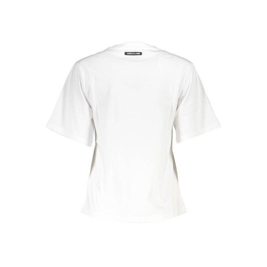 White women's t-shirt with short sleeves, crew neckline and tag on back