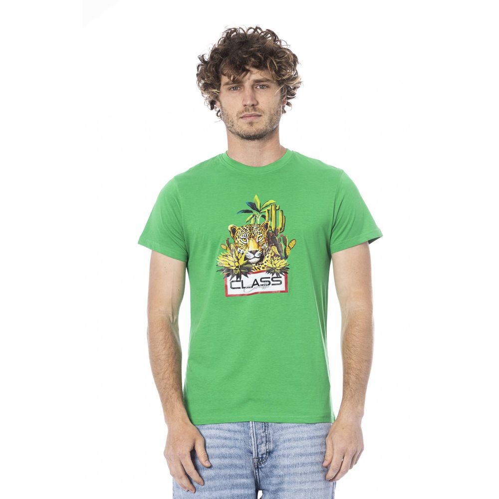 Green t-shirt with graphic design on front