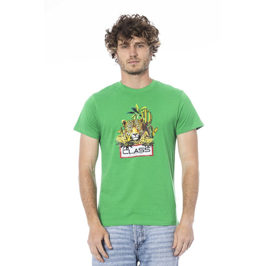 Green t-shirt with graphic design on front