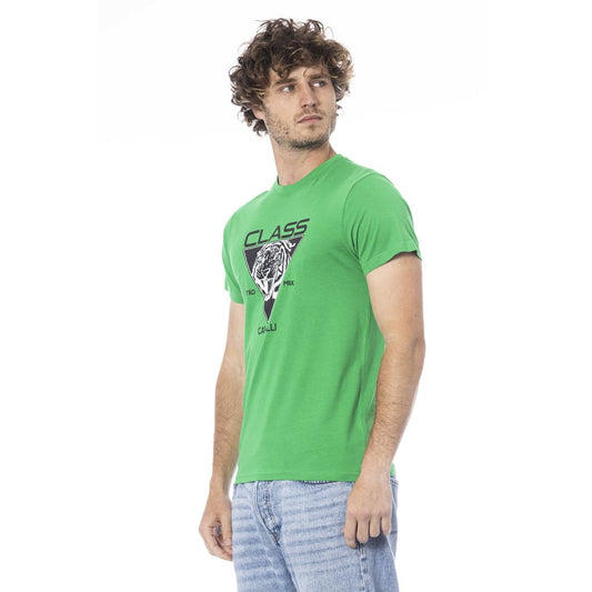 Man wearing green t-shirt with graphic design on front