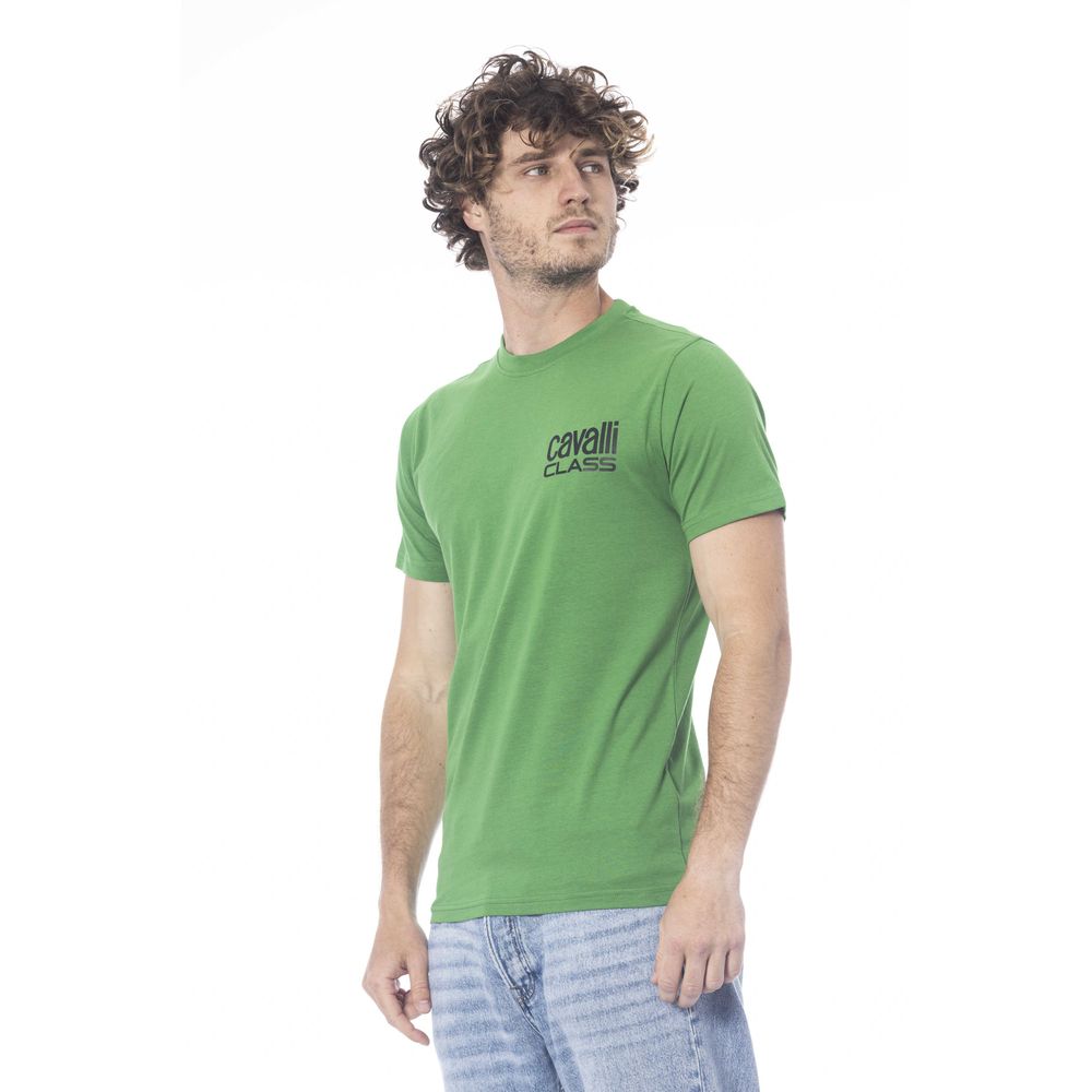 A green cotton men's t-shirt with white text on it