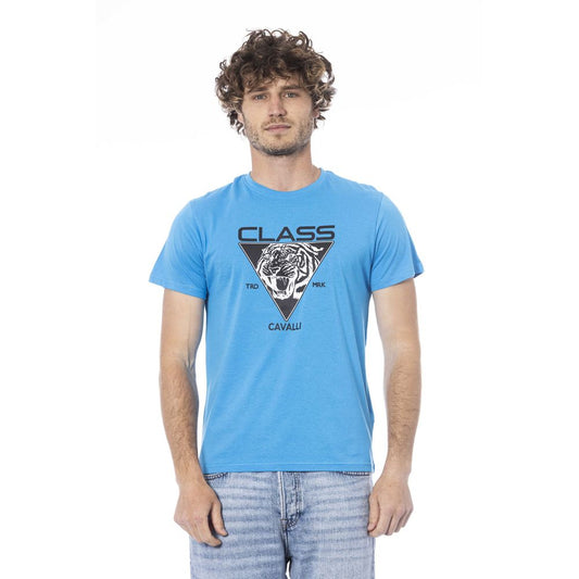 Man wearing blue t-shirt with white graphic