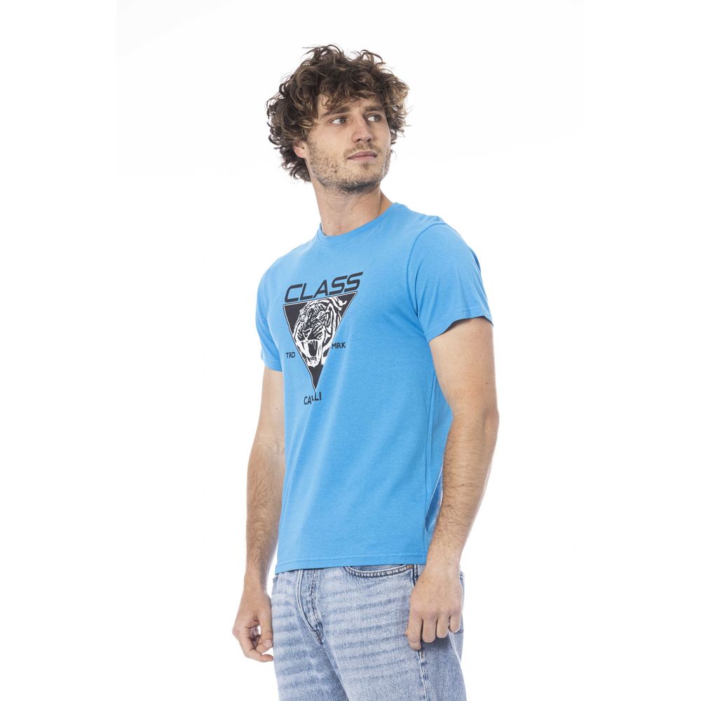 Man wearing blue t-shirt with graphic design on front