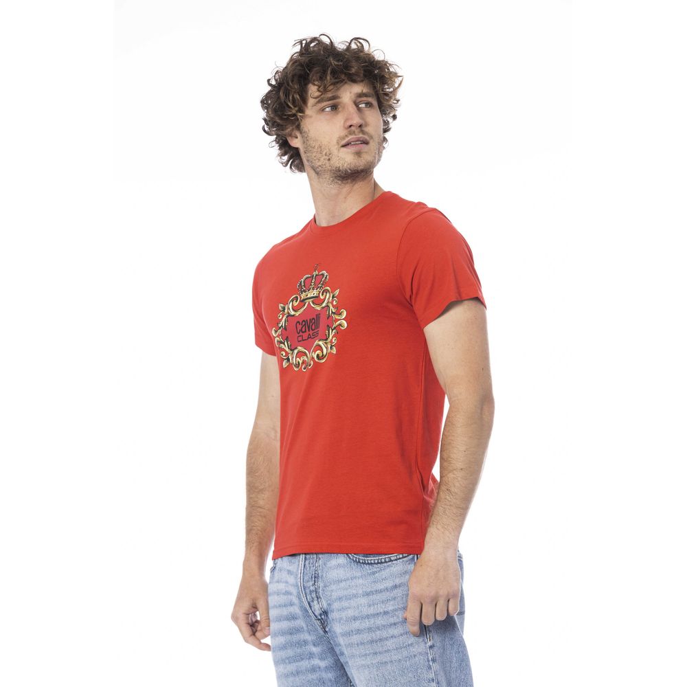 Man wearing red t-shirt with graphic design on front