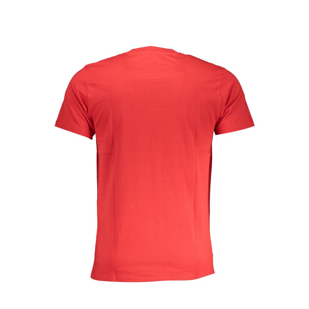 Red t-shirt with short sleeves, crew neckline, and a classic fit
