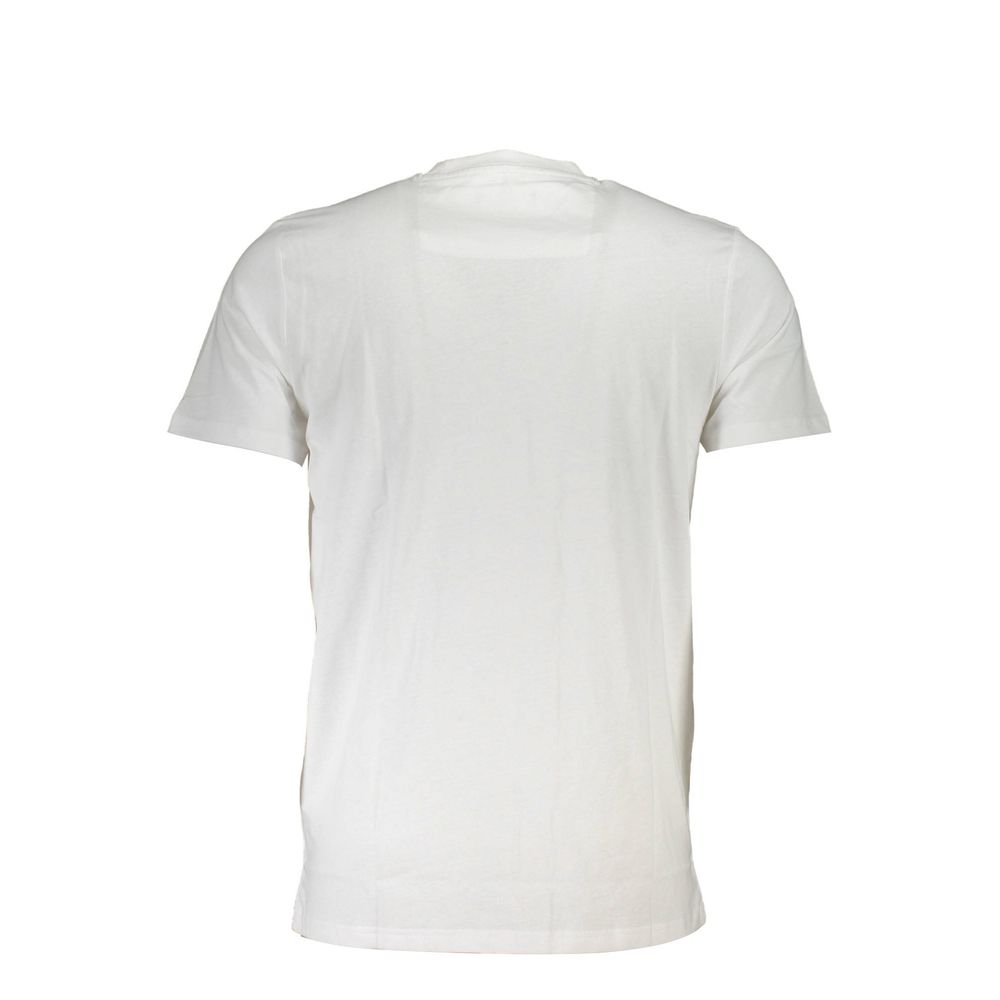 A white cotton men's t-shirt with short sleeves and a crew neckline