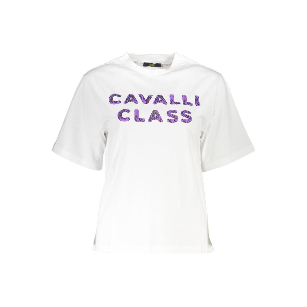 White t-shirt with purple lettering