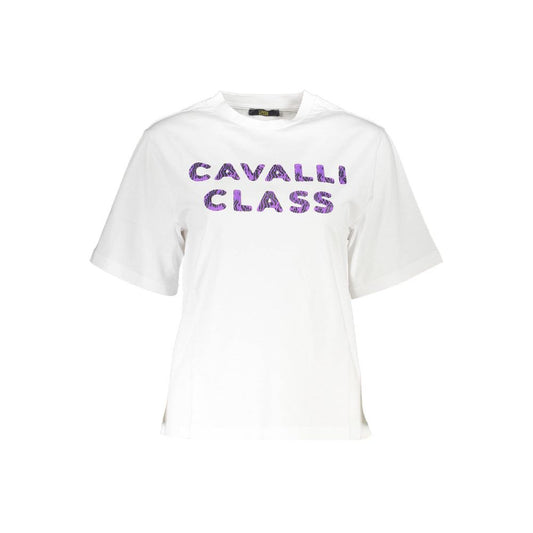 White t-shirt with purple lettering