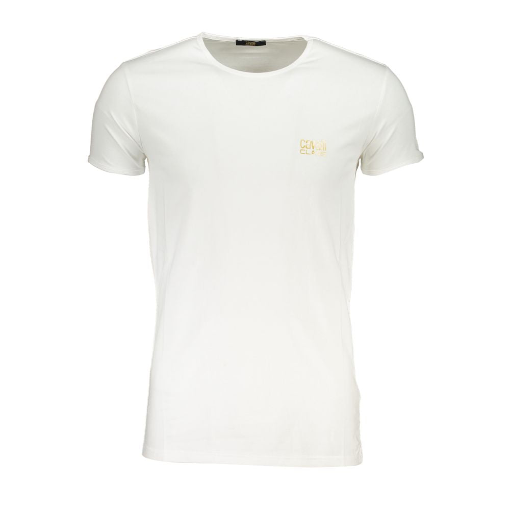 White t-shirt with yellow logo on front