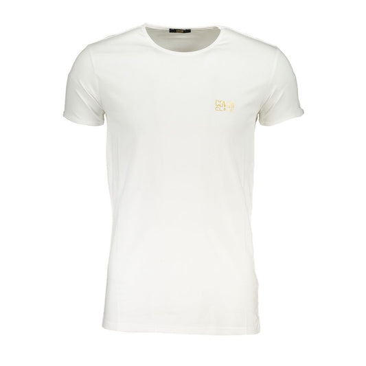 White t-shirt with yellow logo on front