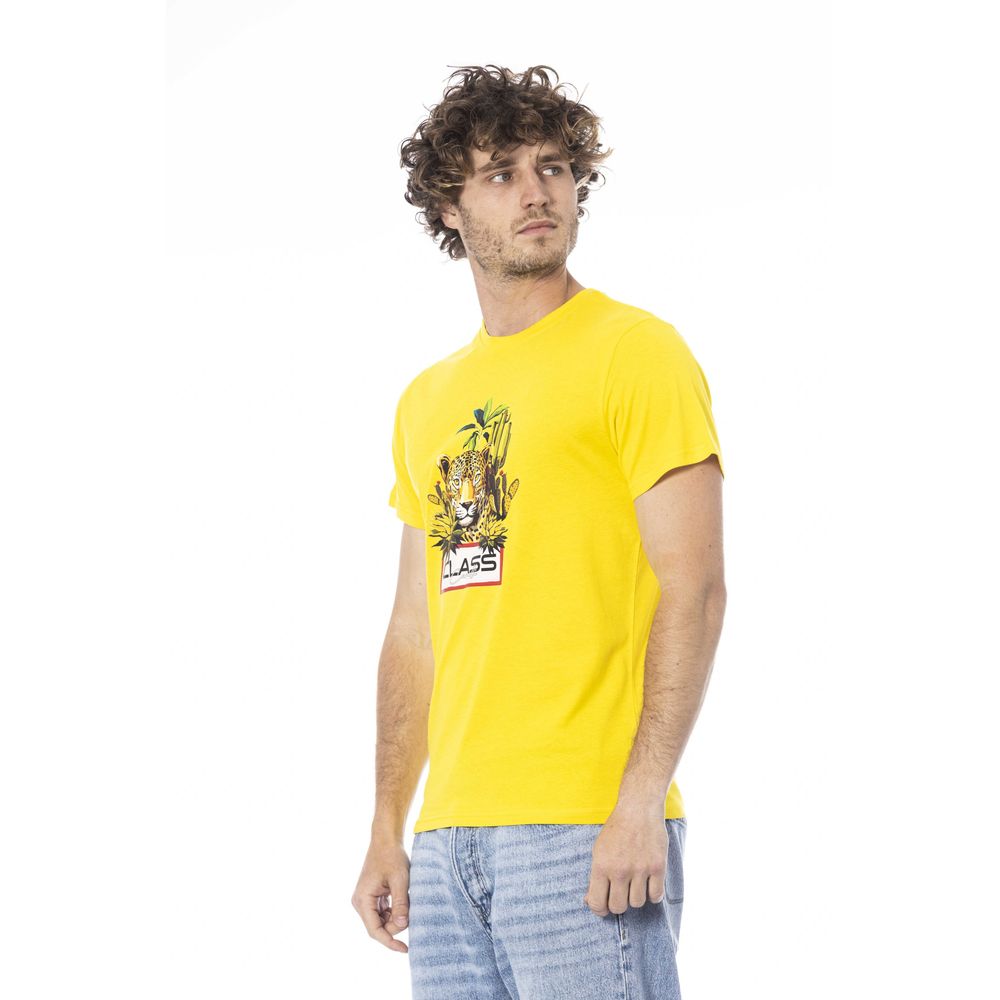 A yellow cotton men's t-shirt with a graphic print on the front