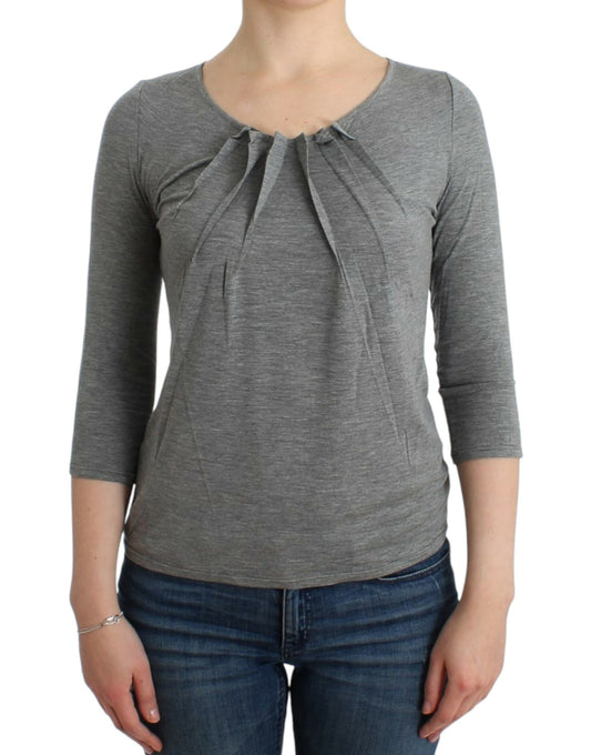 Long sleeve gray shirt with ruffled neckline