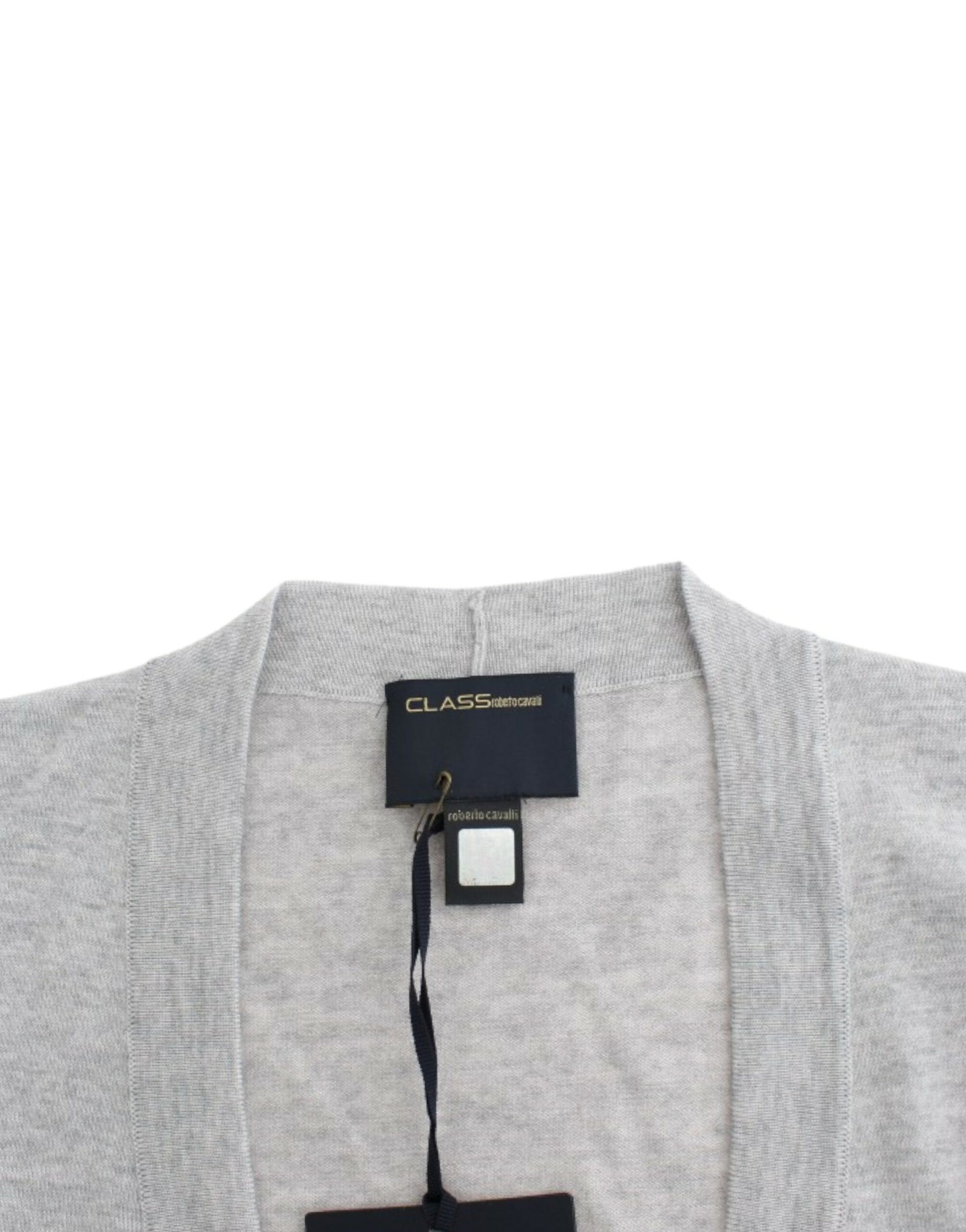 Grey cardigan on hanger with black tag