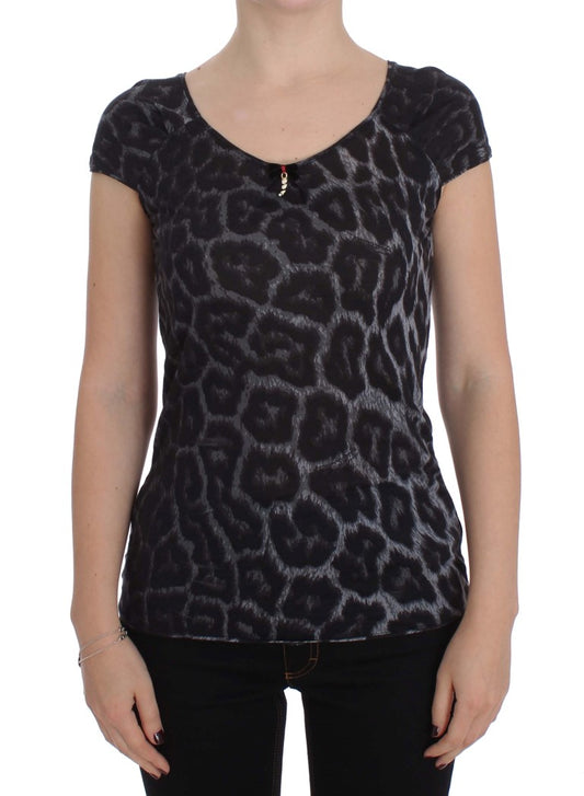 Black short sleeve shirt with animal print pattern