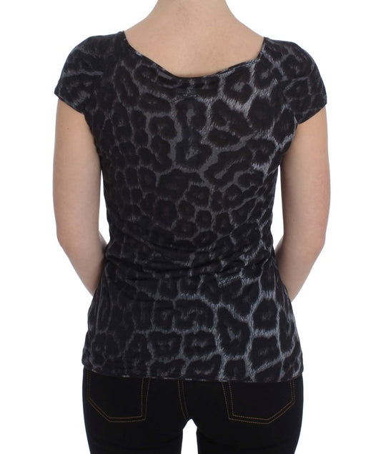 Black leopard print top on woman's back