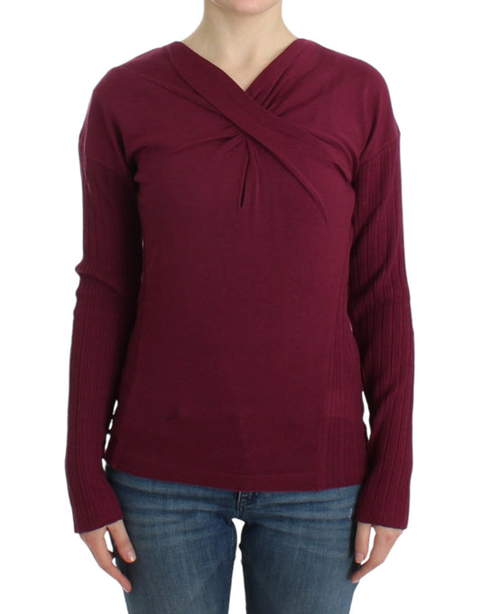 Long sleeve burgundy sweater with ruffled neckline
