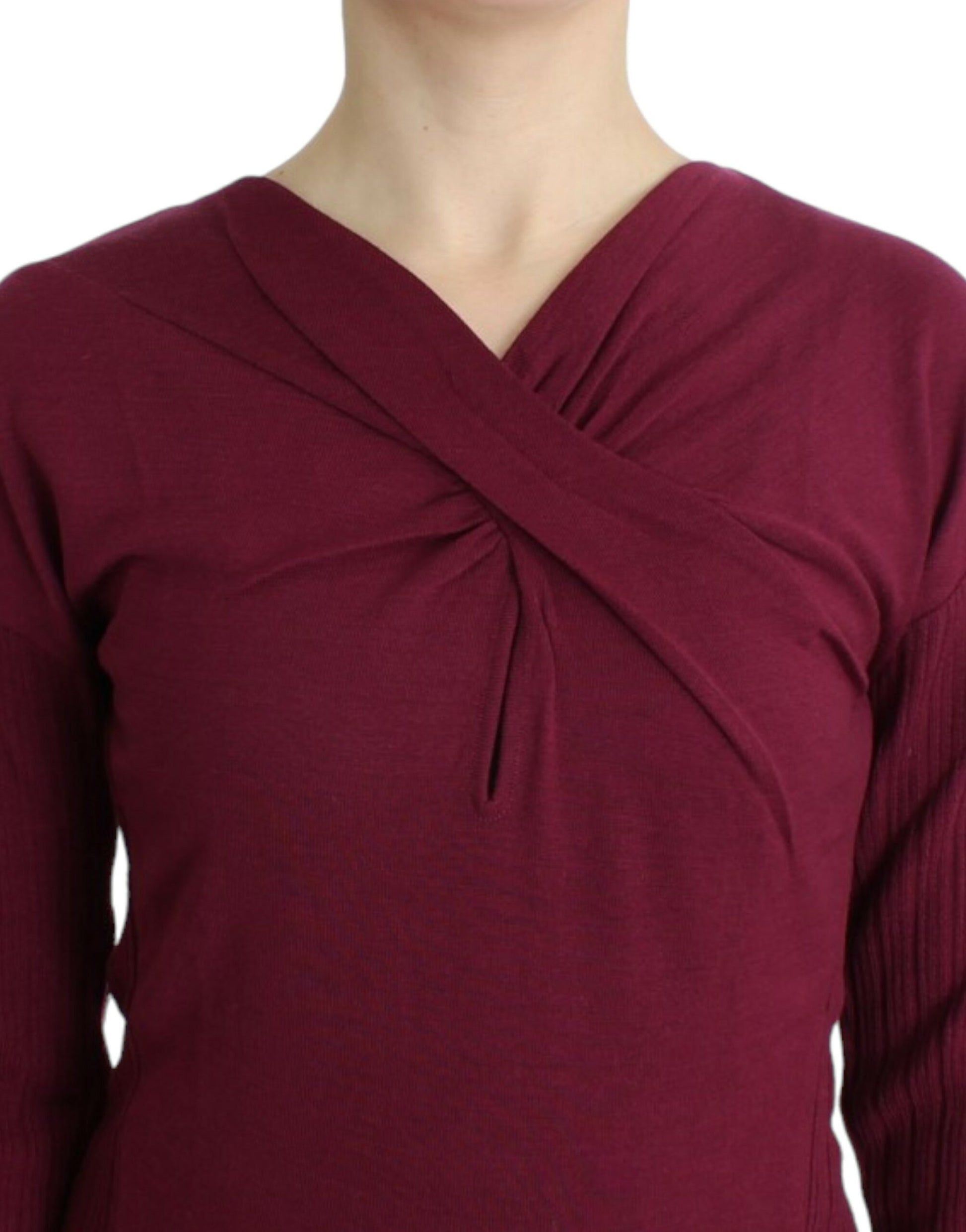 Long sleeve burgundy knit top with ruched detailing at neckline