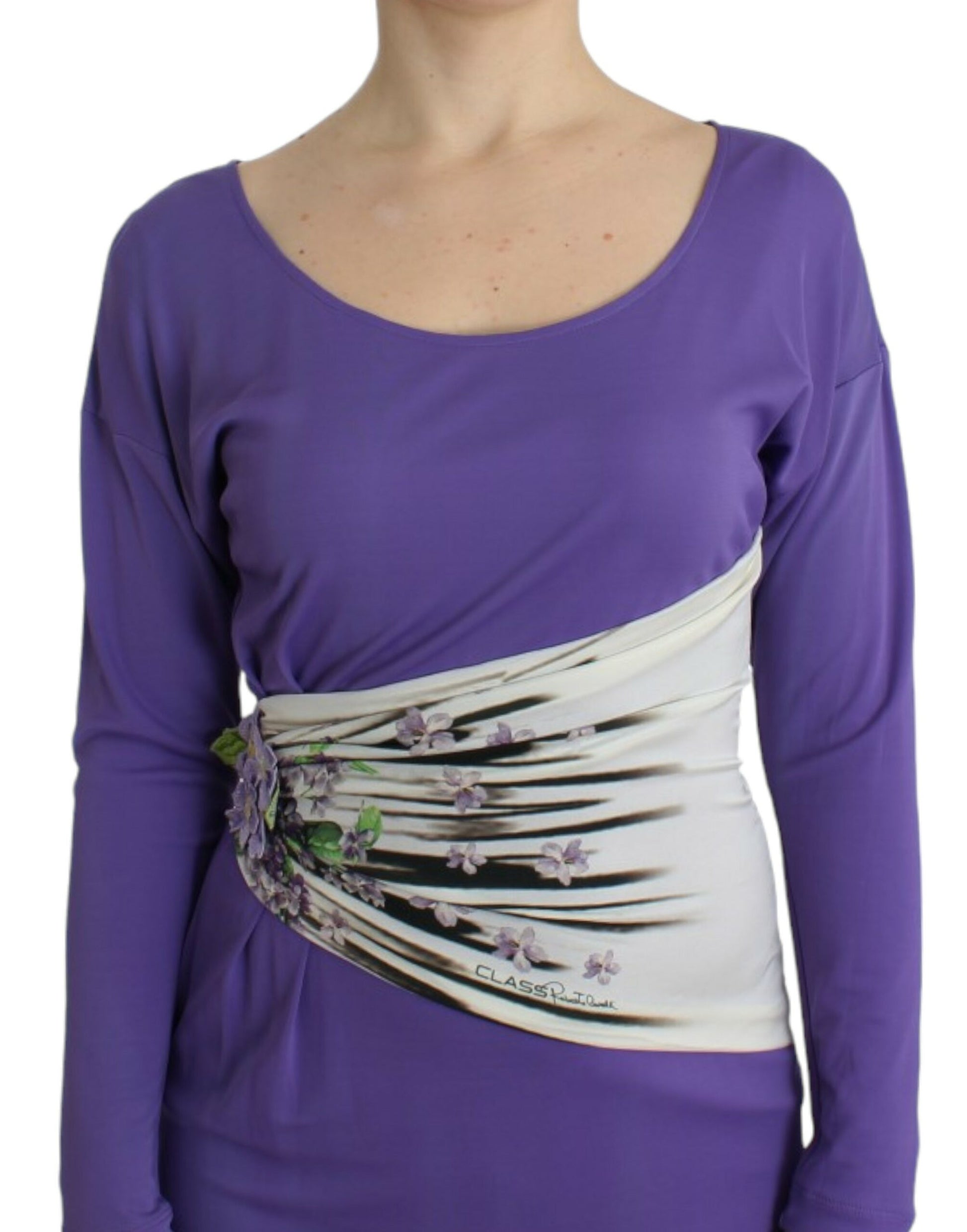 Long sleeve purple dress with white floral belt