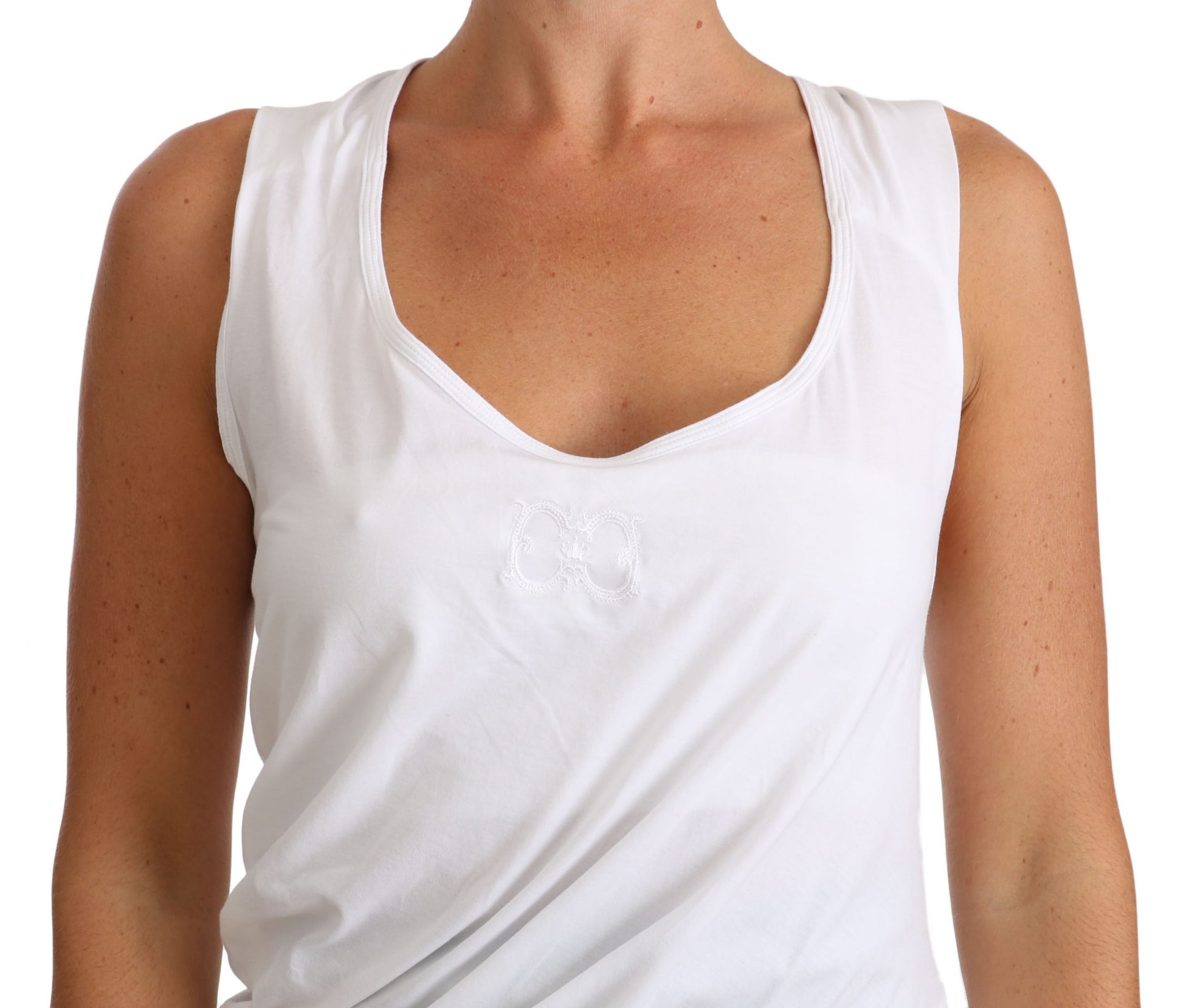 White tank top with embroidered logo on chest
