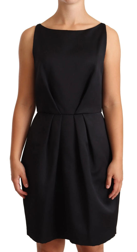 A black sleeveless pleated aline knee length dress