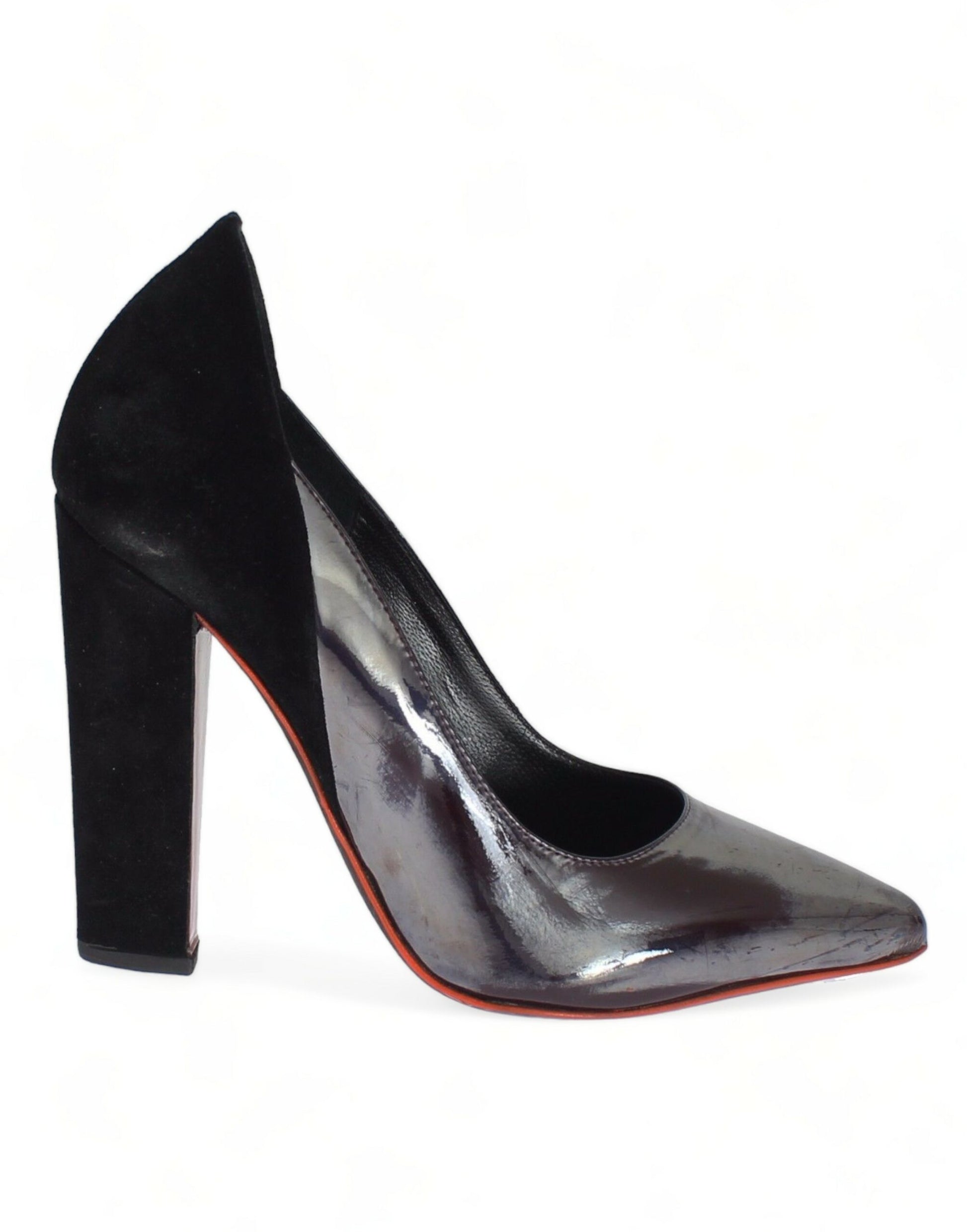 Black high heel shoes with red trim and a shiny surface