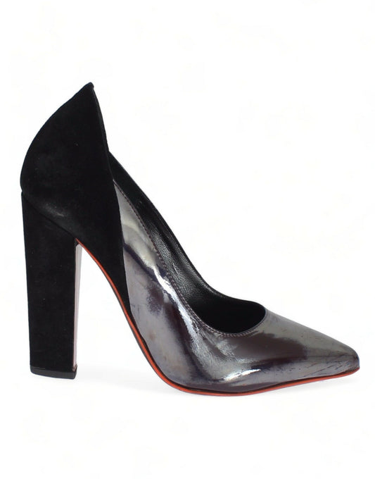 Black high heel shoes with red trim and a shiny surface