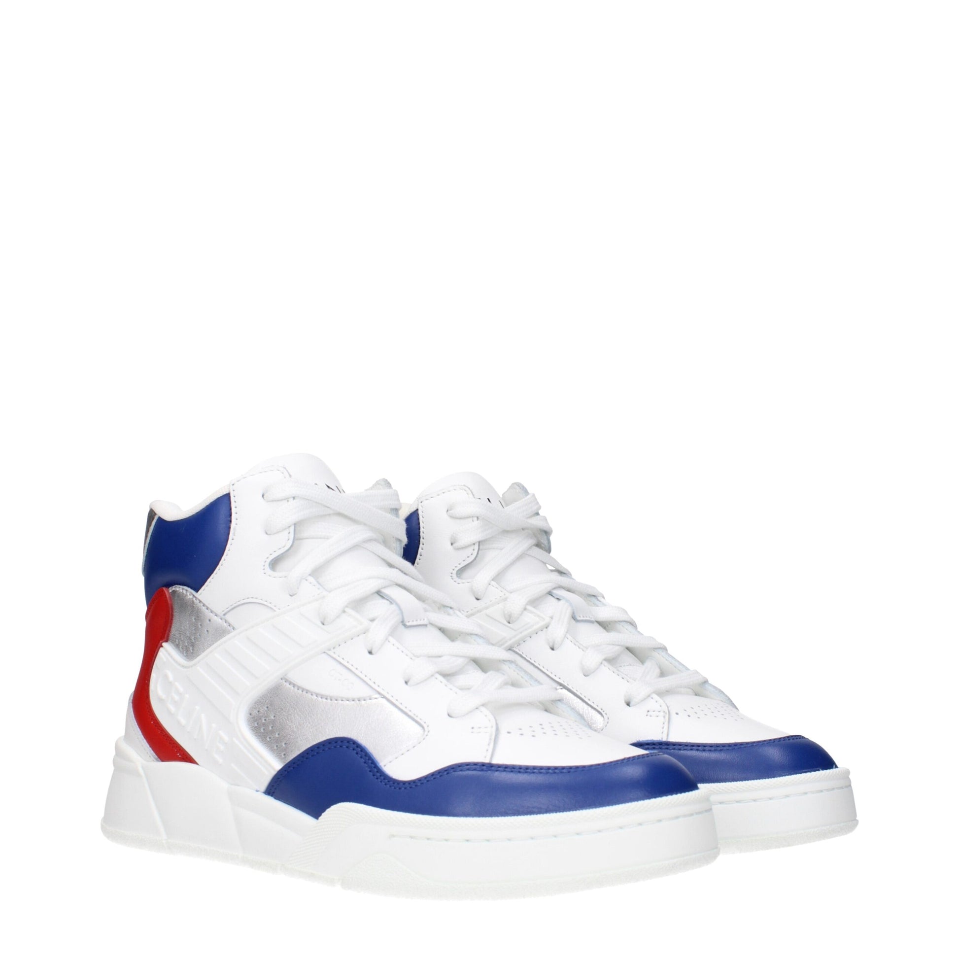 Pair of white leather athletic sneakers with blue and red accents, featuring lace-up closure and low top design