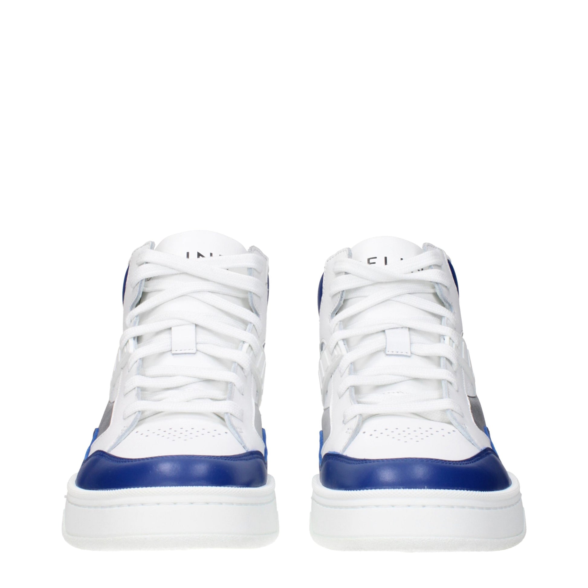 Pair of white leather athletic sneakers with blue accents