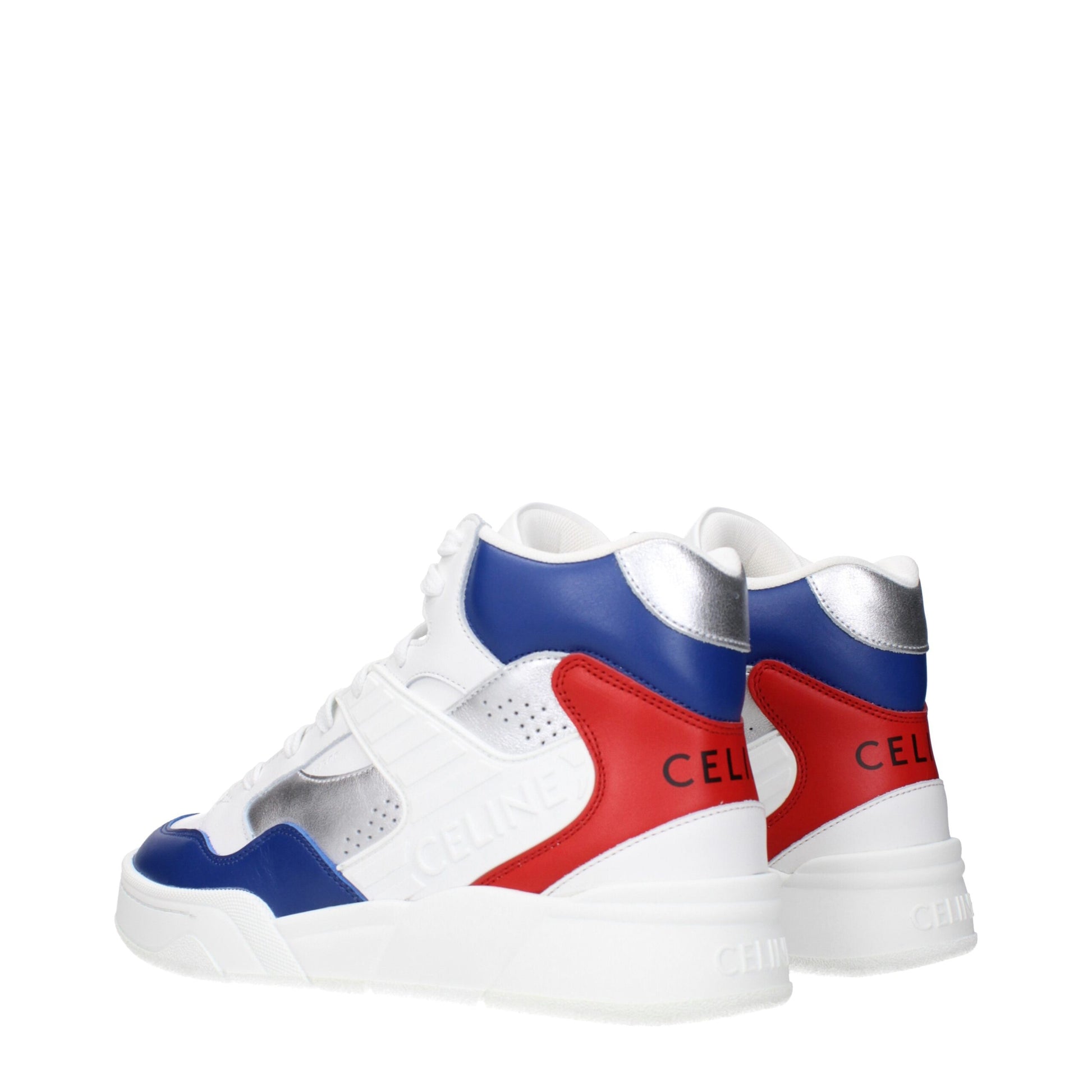 Pair of white leather athletic sneakers with blue, red, and silver accents