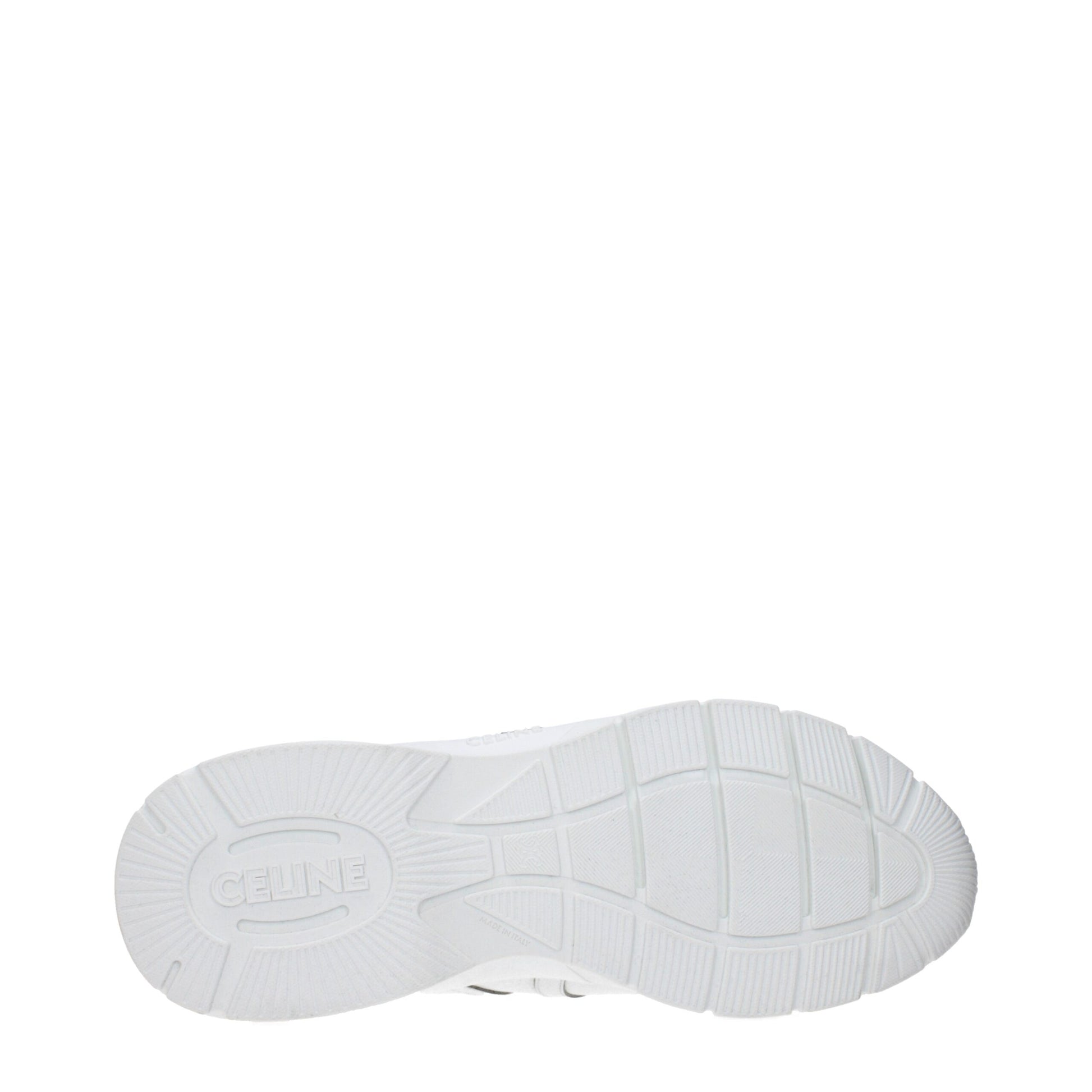 A single white athletic shoe with a lace-up front, featuring the brand name on the side and a textured sole