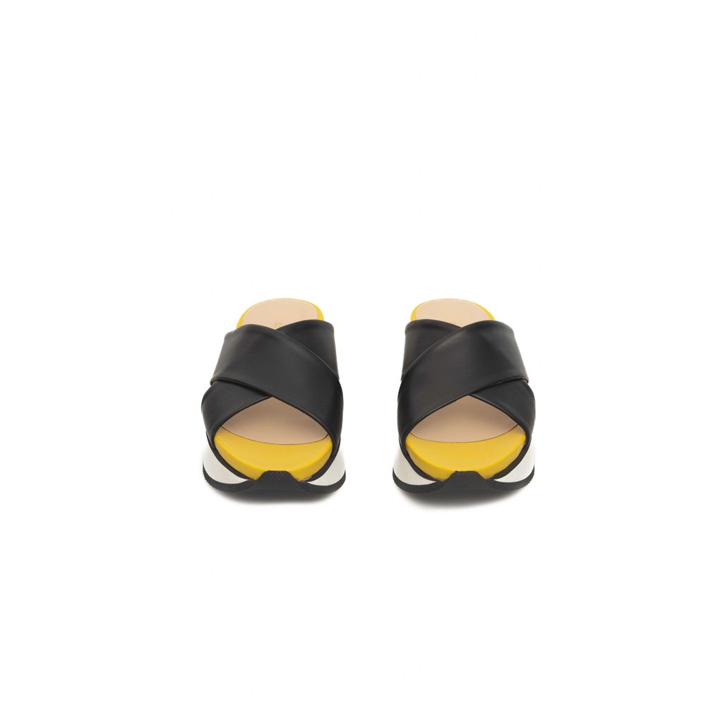 Pair of black sandals with yellow soles