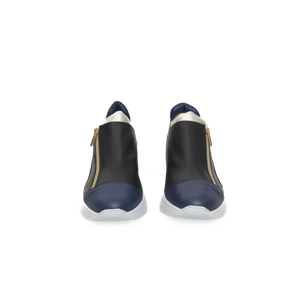 Pair of black goatskin women's sneakers with white laces and gold accents