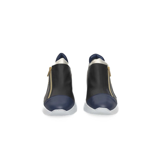 Pair of black goatskin women's sneakers with white laces and gold accents