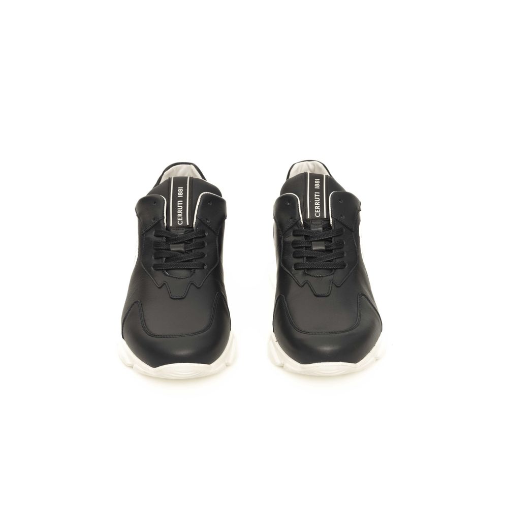 Pair of black leather sneakers with white laces and a logo on the side