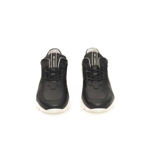 Pair of black leather sneakers with white laces and a logo on the side