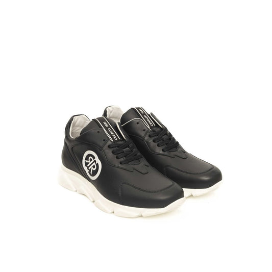 Black leather sneakers with white sole, featuring blue cow logo on side and laces