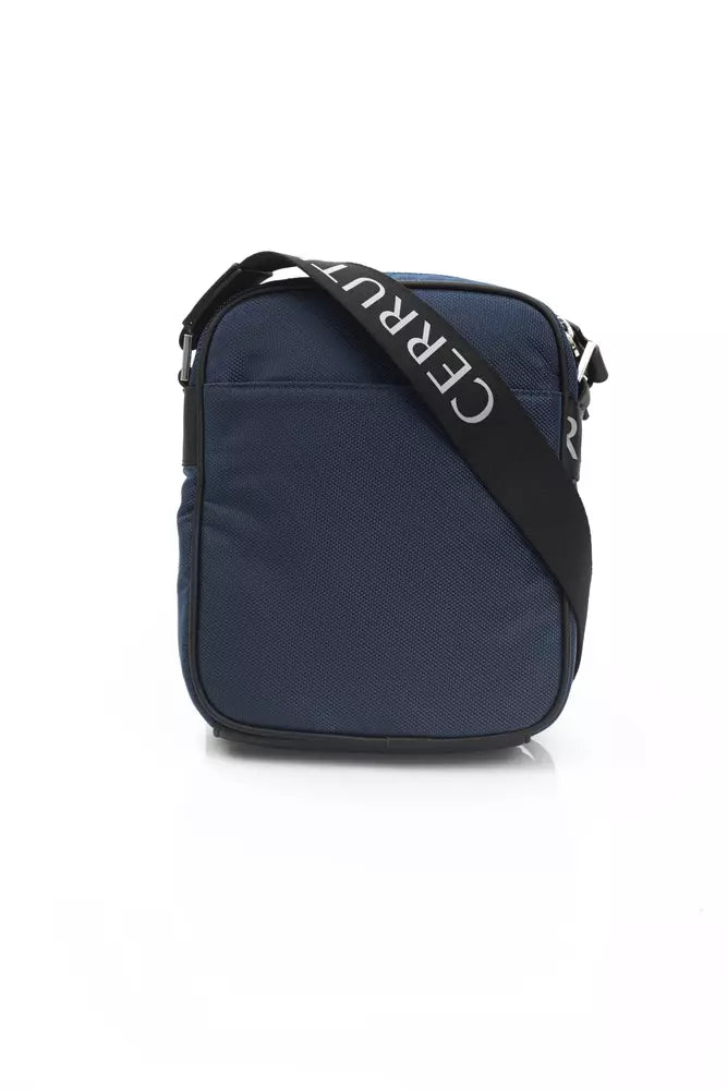 Blue backpack with black straps and a white logo on the front