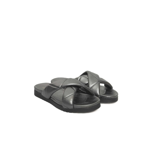 Pair of black leather sandals with a strap over the foot and ankle