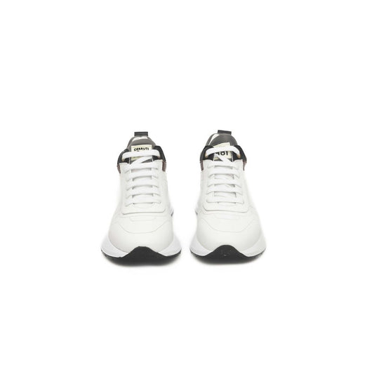 Pair of white sneakers with cow leather upper, lace-up closure, and rubber sole