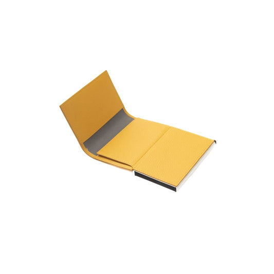 Yellow leather wallet with black trim